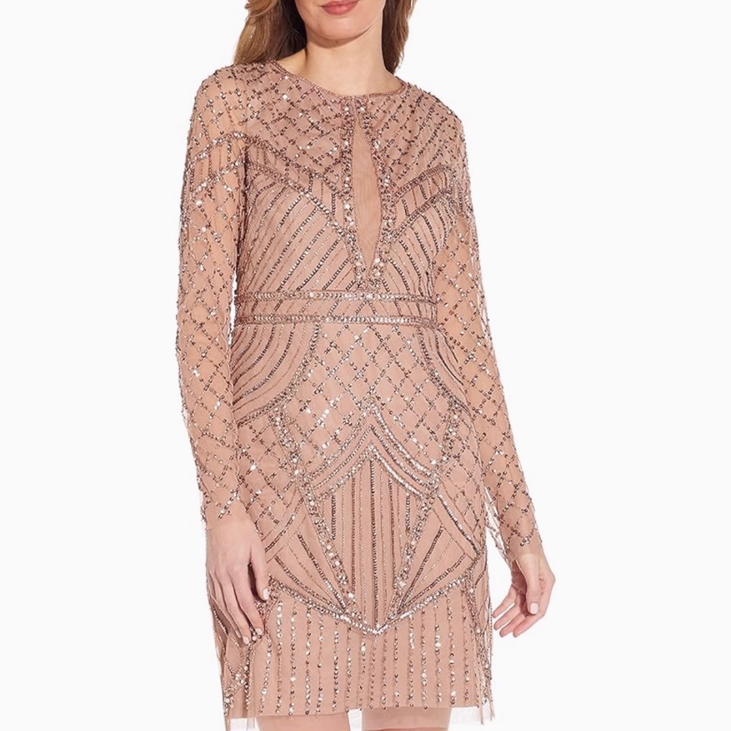 $615 Adrianna Papell Runway Sample Dress 6 Sheath Decorative Pearls & Beads